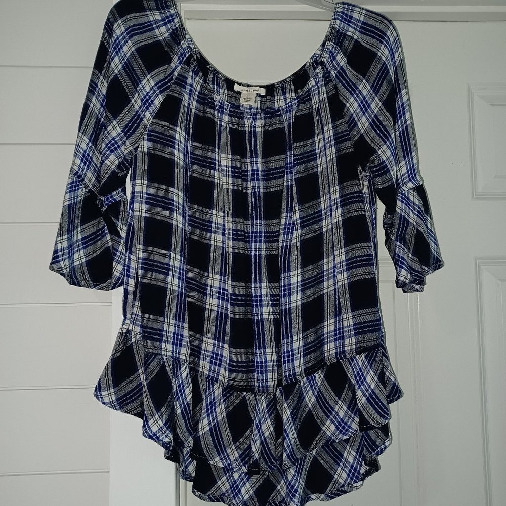 Multi-Blue Plaid baby doll top; Sz. Lg.